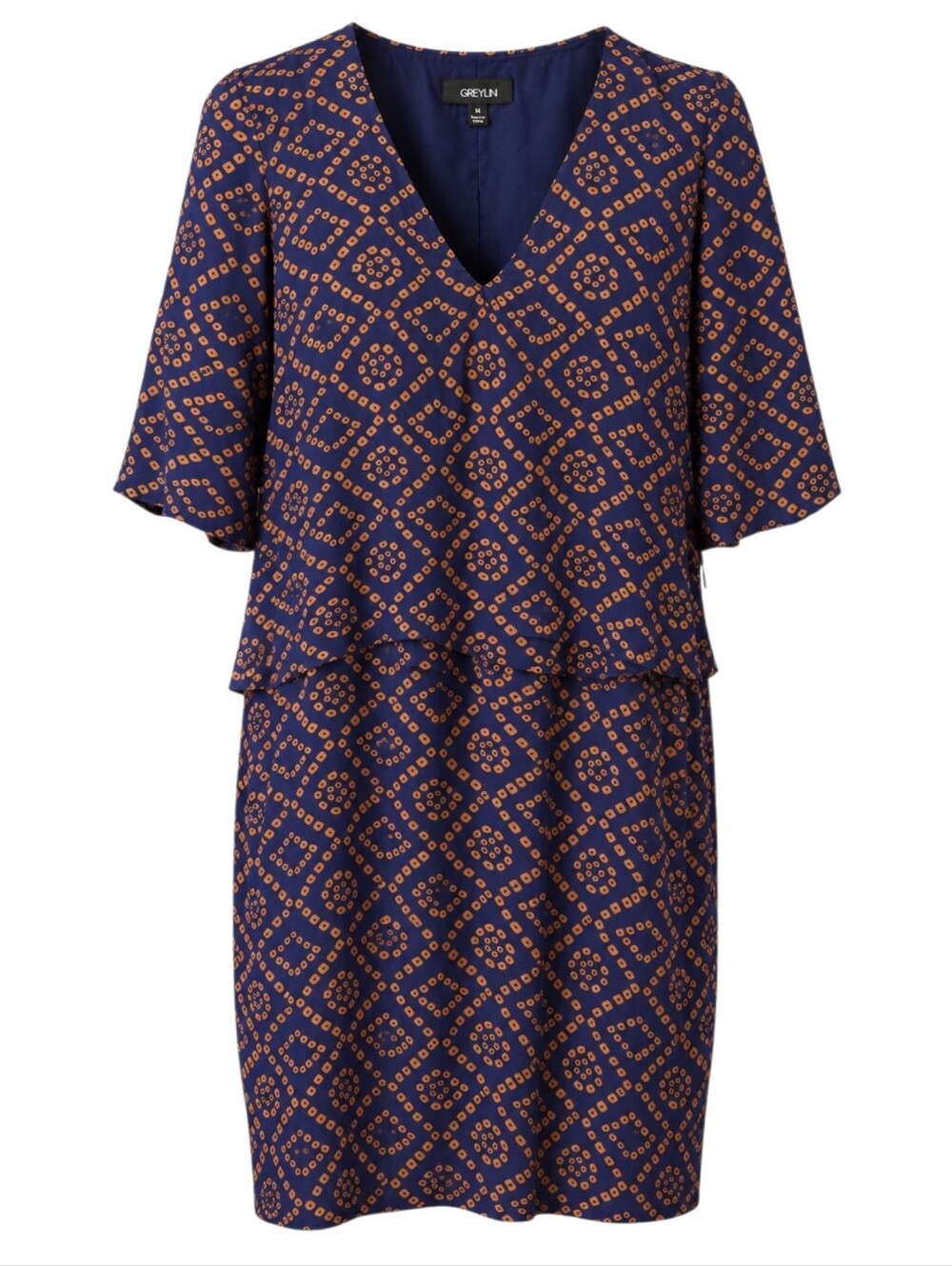 Greylin Silk Dress Women Medium Navy Orange Geometric Print V Neck